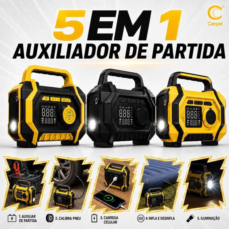 5 em 1 Auxiliador de Partida Compressor Ar PowerBank Led 8000 mAh 3500 Pa 6 Funções Carro Carpei
