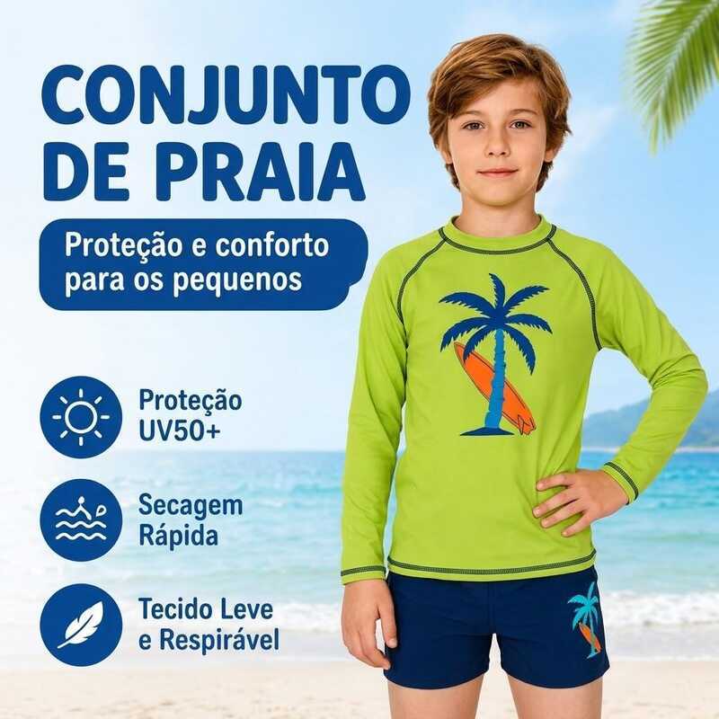 Conjunto roupa de banho menino camisa manga longa proteção UV secagem rápida para praia e natação