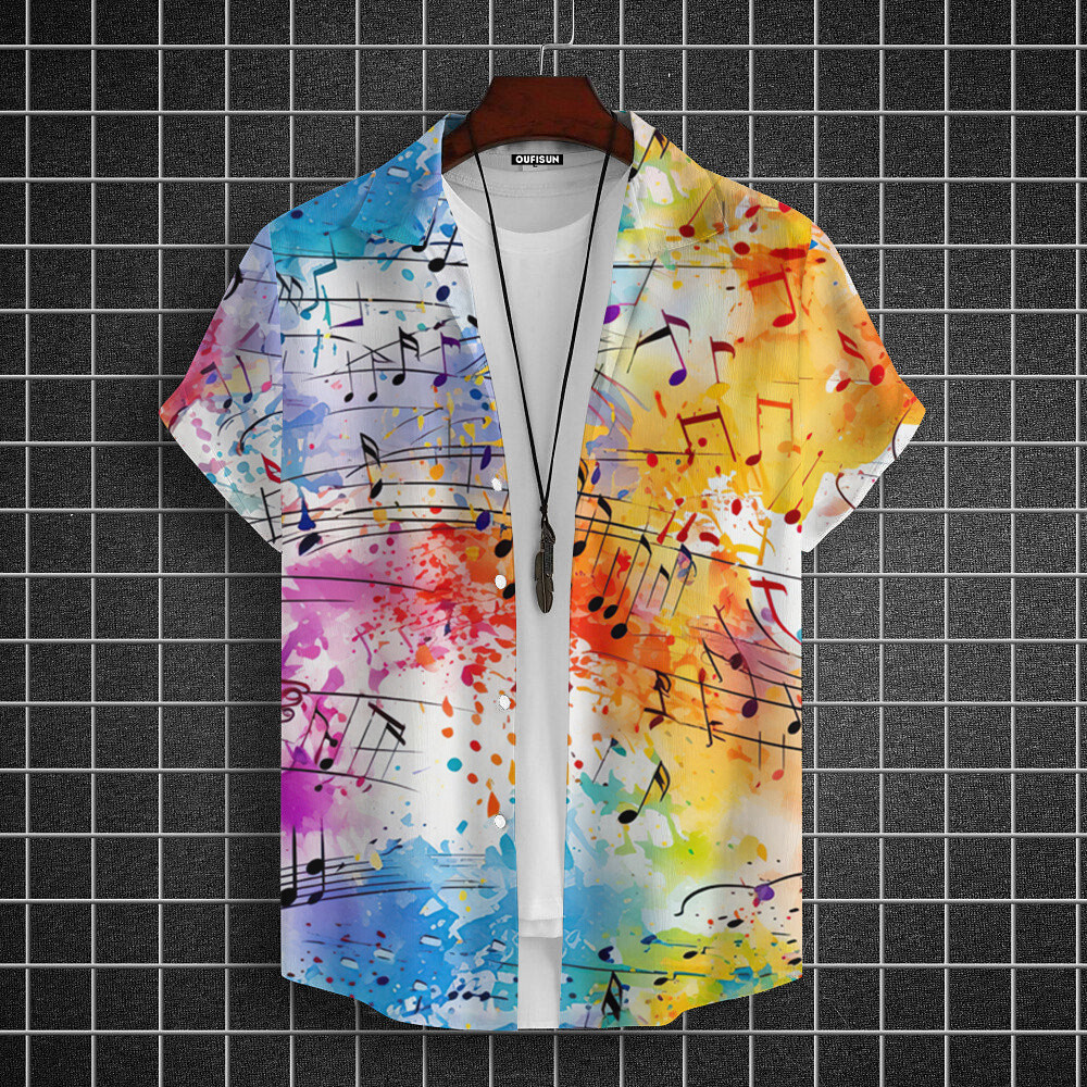 Camisa Barong Masculina Vintage E Bonita , De Roupas Masculinas , Estilo De Arte Musical Estampada Grande casual De Verã
