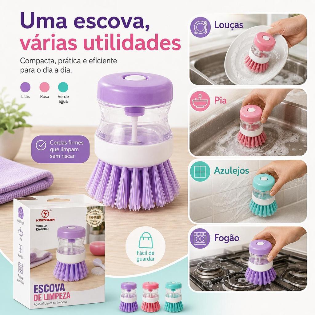 Escova Lava Louças com Porta Detergente, Multiuso para Limpeza de Louça, Pia, Fogão e Bancada de Cozinha