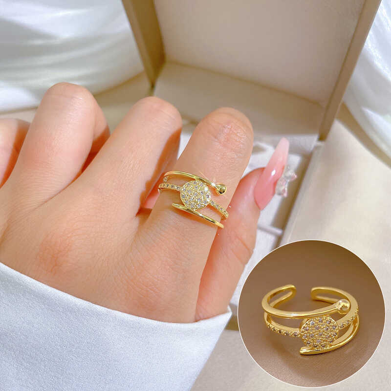 Anel de diamante redondo de três camadas de ouro Real abertura ajustável simples joias de mão anel japonês anel de casal