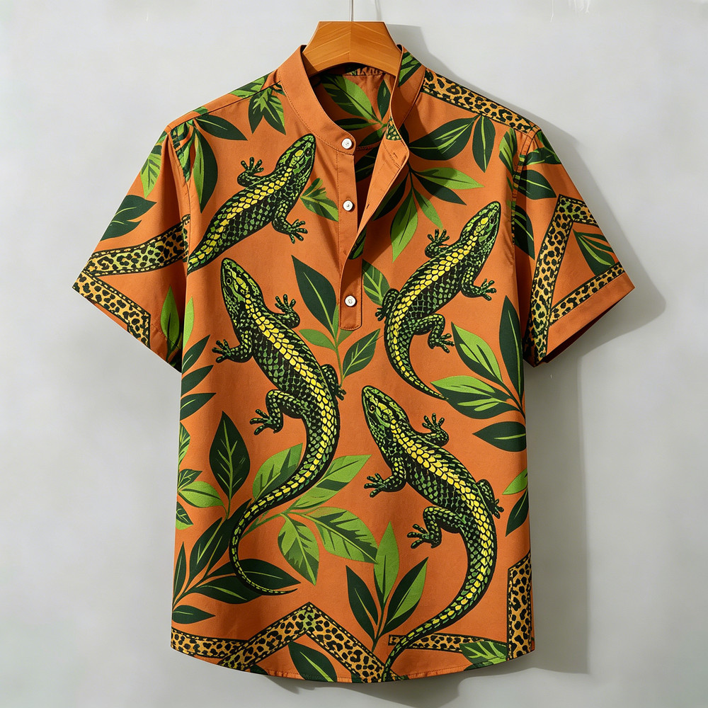 2026 Nova Camisa De Manga Curta Masculina Meia Carcela Henry Colarinho Respirável Lagarto Folha Impressão Rua Moda Casua