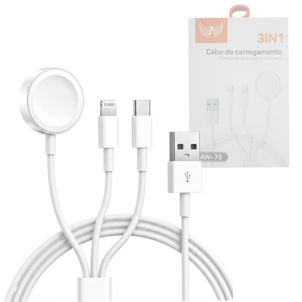 Cabo de Carregamento 3 em 1 Conexão Tipo-C, Lightning e Smart iWatch