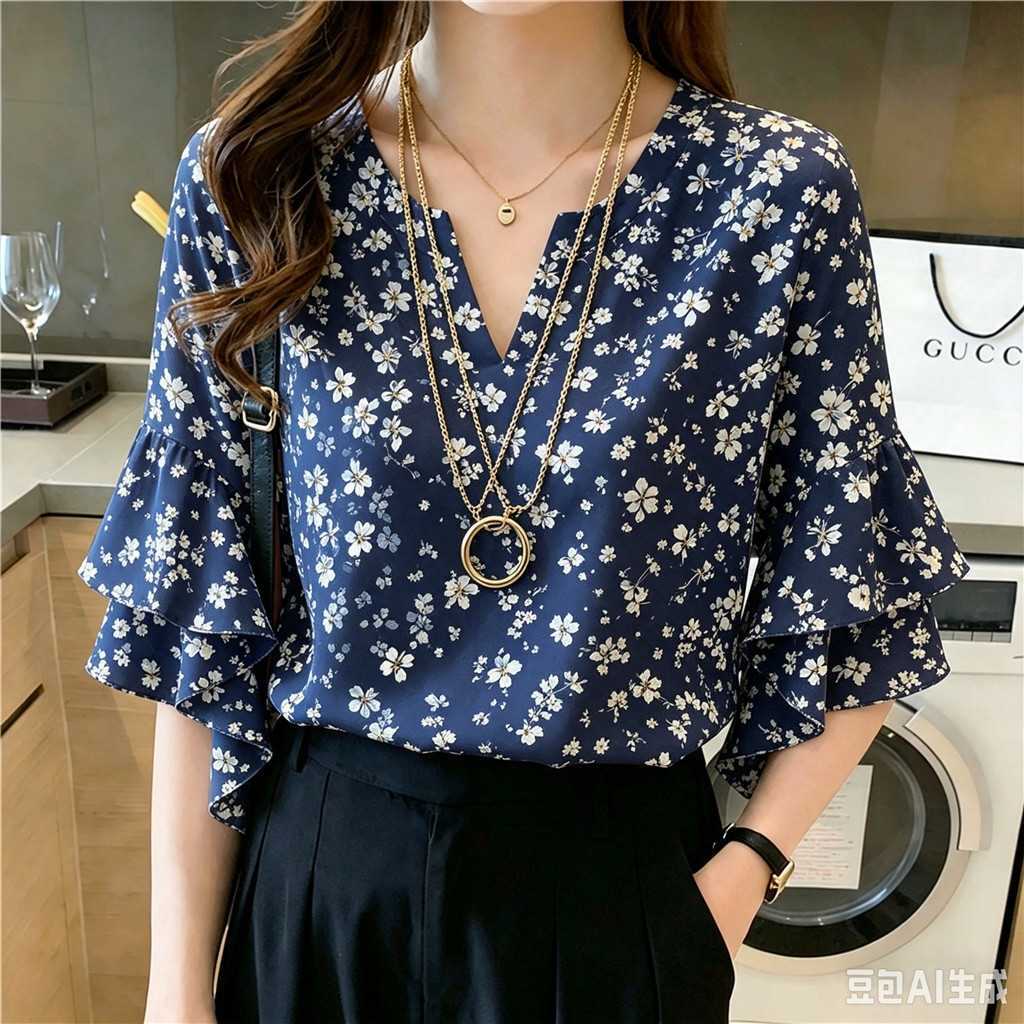 Blusa Feminina Branca Azul Toile Leopardo Palma Estampa Decote Em V Babado Top H