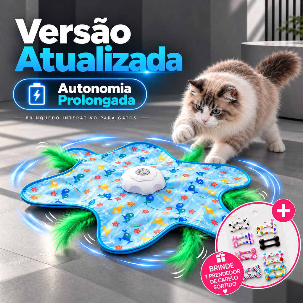 Brinquedo Interativo para Gatos Versão Atualizada Tapete Estrela 62cm Automático 360° com Penas Recarregável USB-C