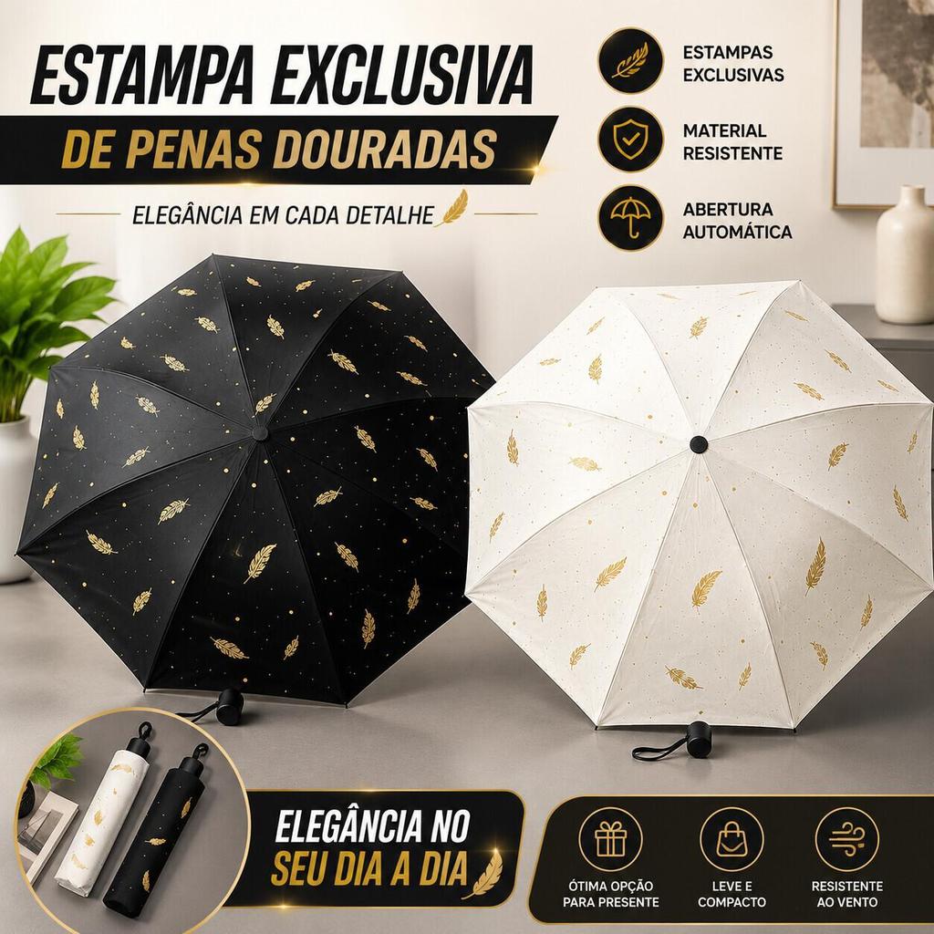 Sombrinha Dobrável com Proteção UV Estampa Penas Douradas Compacta Portátil Preta ou Branca