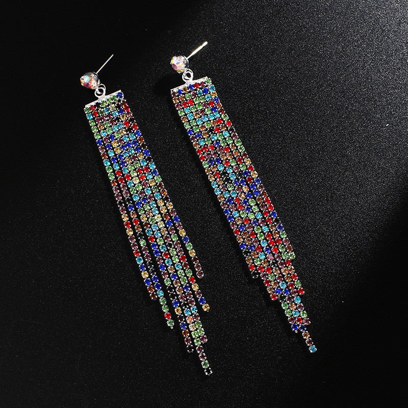R RUBY * Brincos longos de strass simples moda colorida brincos de borla cravejados de diamantes brincos elegantes E639