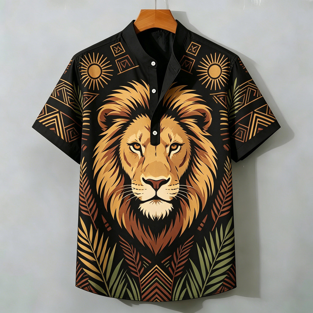 2026 Nova Camisa Masculina De Manga Curta Meia Carcela Henry Colarinho Respirável Leão Leopardo Impressão Rua Moda Topo