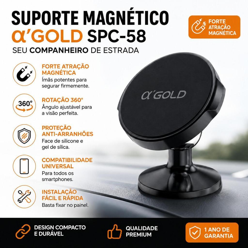 Suporte Magnético Celular A'GOLD SPC-58 Articulado para Carro Compatível com Diversos Smartphones