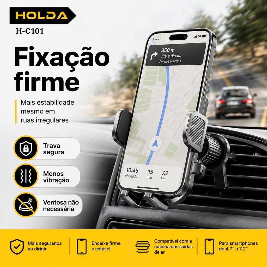 Suporte Celular Veicular para Saída de Ar 360° Universal Ajustável H‑C101, Fixação Firme para GPS e Smartphone