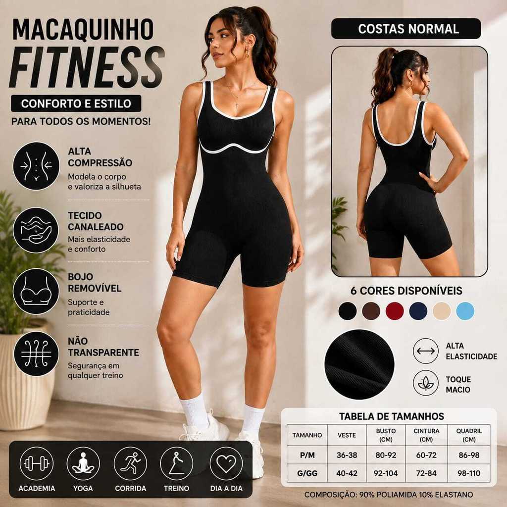 Macaquinho Fitness Feminino Academia Canelado com Bojo Alta Compressão Modelador Alta Elasticidade B022