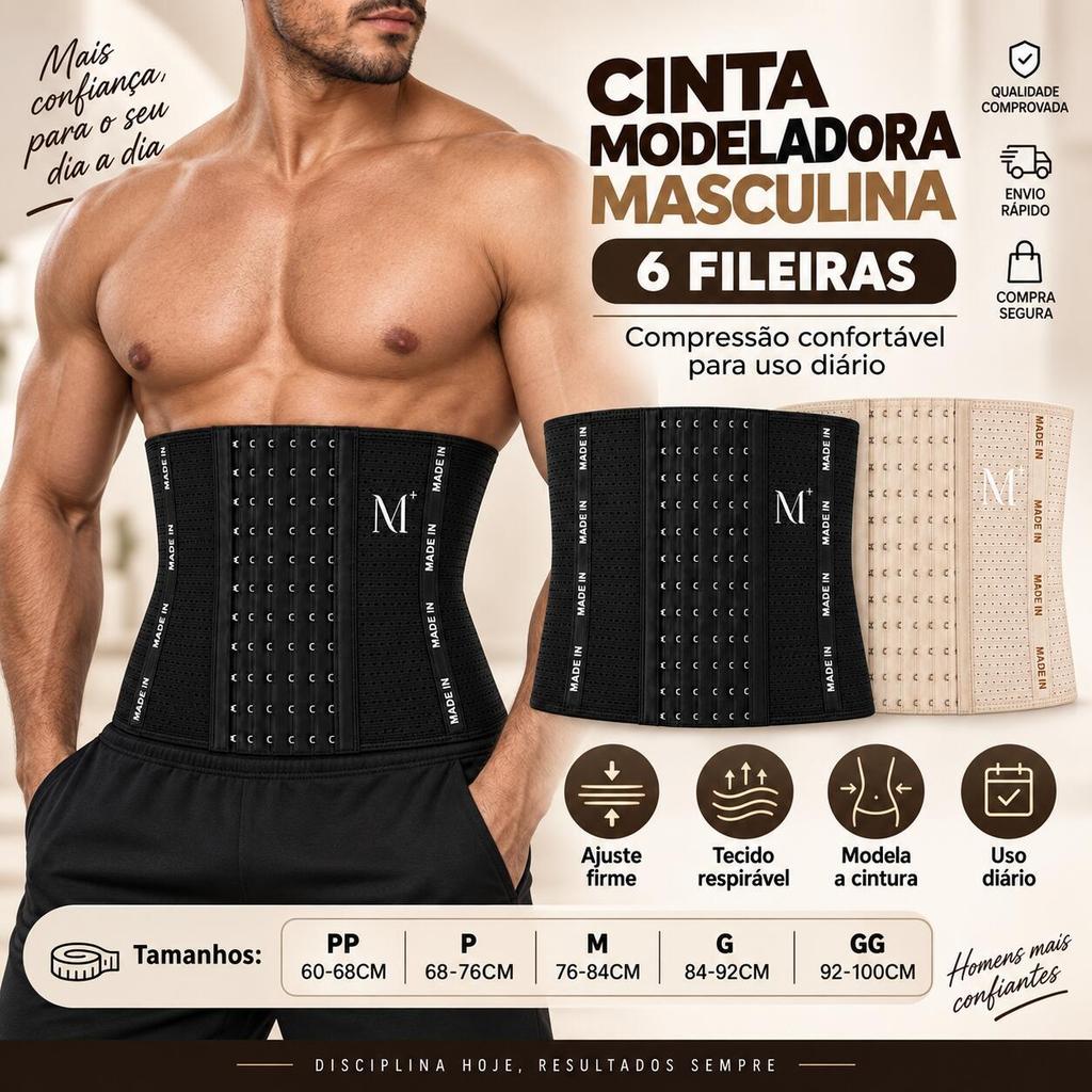 Cinta Modeladora Masculina Abdominal 6 Fileiras Compressão Ajustável Respirável PP ao GG Preta Bege