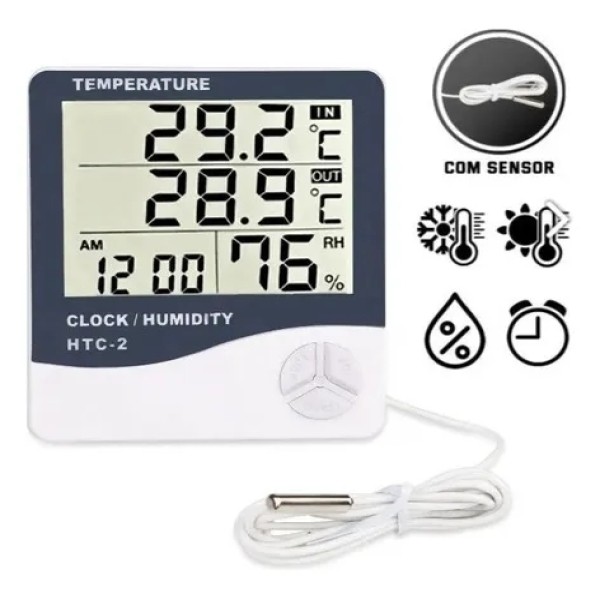Termo Higrômetro Relógio Digital Medidor De Temperatura e Umidade do Ar HTC-2