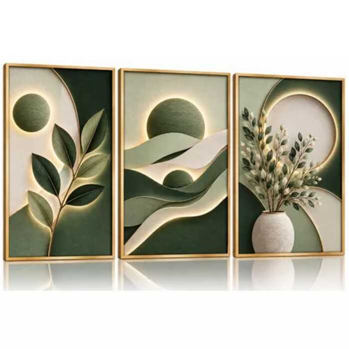 Kit 3 Quadros Arte Floral 3D Dourado Premium Decoração Sala De Estar Moderna Elegante Luxo