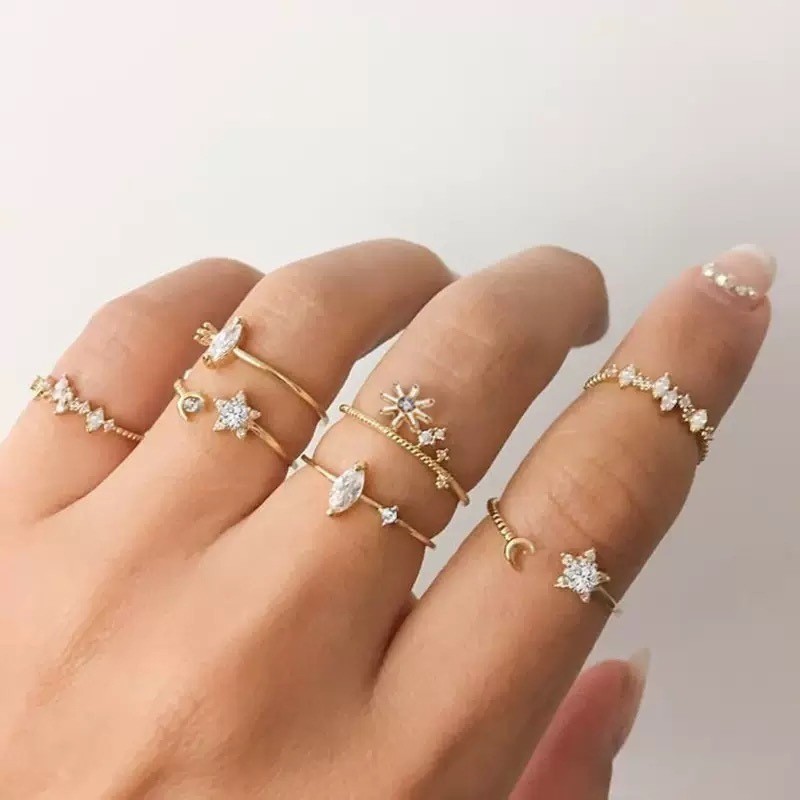 Viviane venda quente acessórios de mão na moda estrela lua anel Metal diamante feminino conjunta anel jóias acessórios d