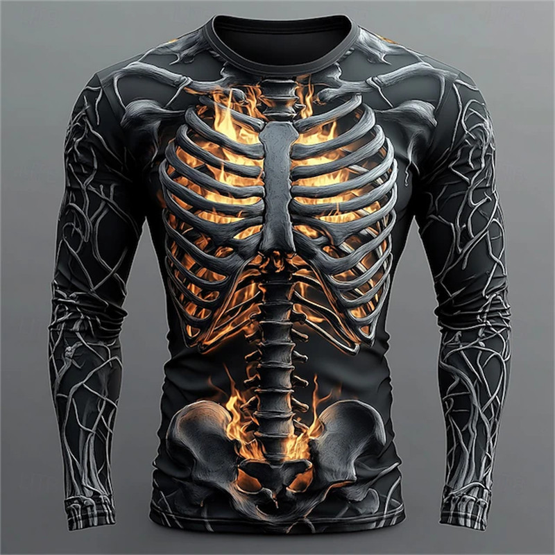 3D Chama Crânio Padrão Camiseta Masculina De Manga Longa Casual Moda Topo Moletom Respirável Streetwear Oversized