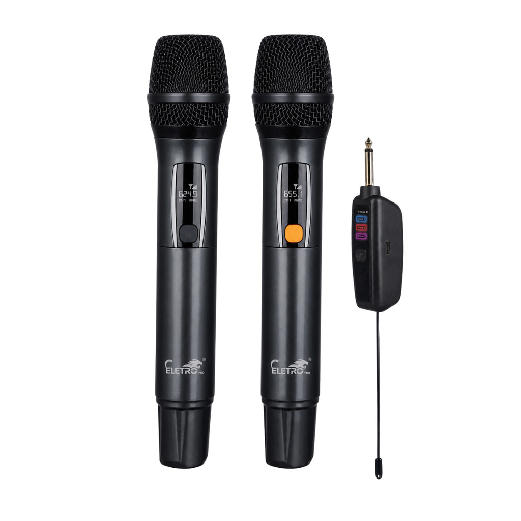 Kit 02 Microfones Sem Fio P10 com Receptor Wireless Karaokê Profissional Eletromex EL-5021