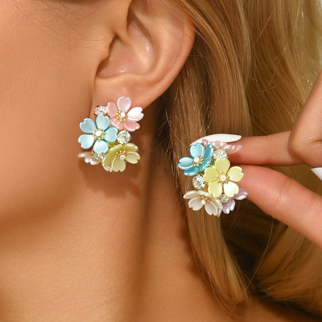 14K ouro Real galvanoplastia diamante flor brincos geométricos Retro elegante brincos High-End moda All-Match brincos