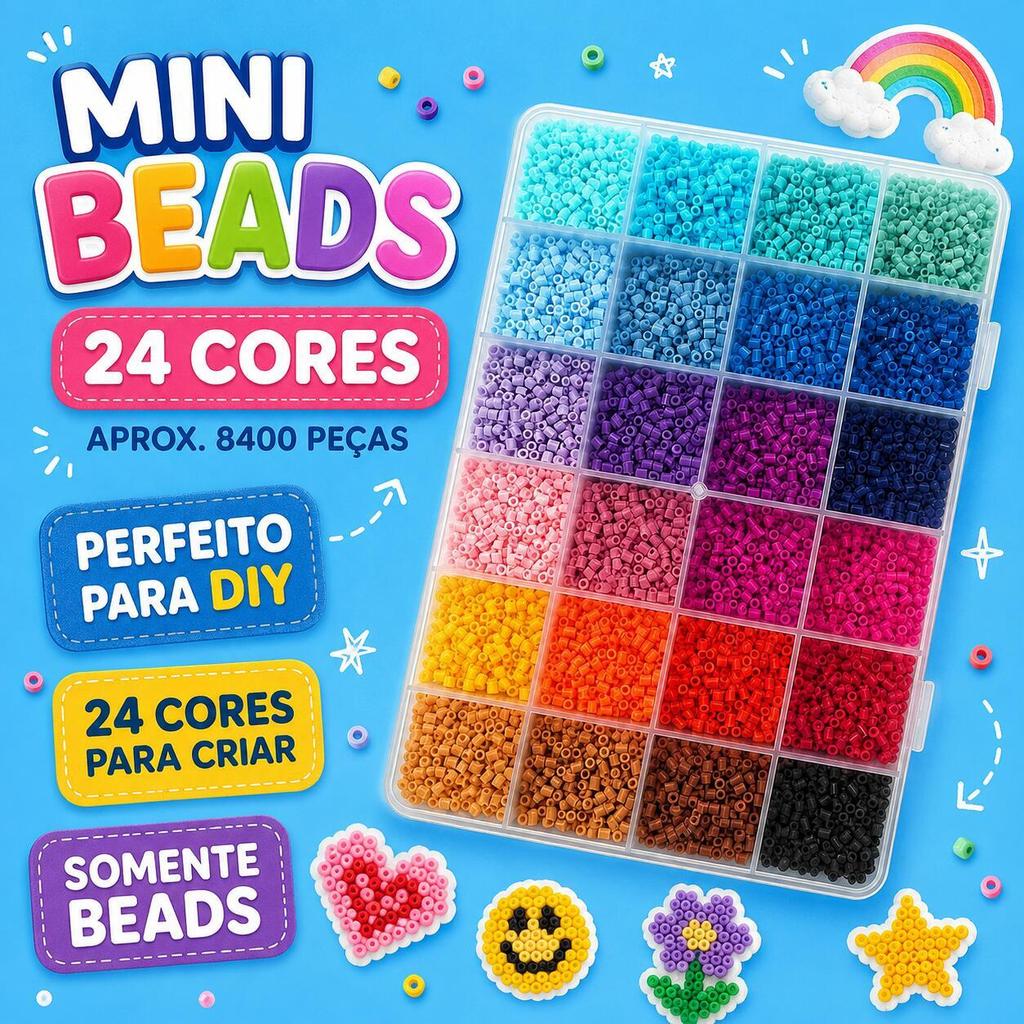 Kit Miçangas Pixel Mini 2,6mm 24 Cores 8400 Peças DIY Chaveiros e Arte Infantil com Miçangas para Passar Ferro