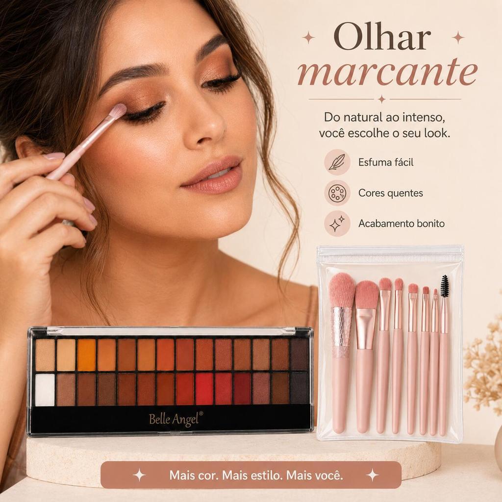 Kit Maquiagem Belle Angel: Paleta de Sombras 28 Cores + 8 Pincéis com Necessaire Transparente