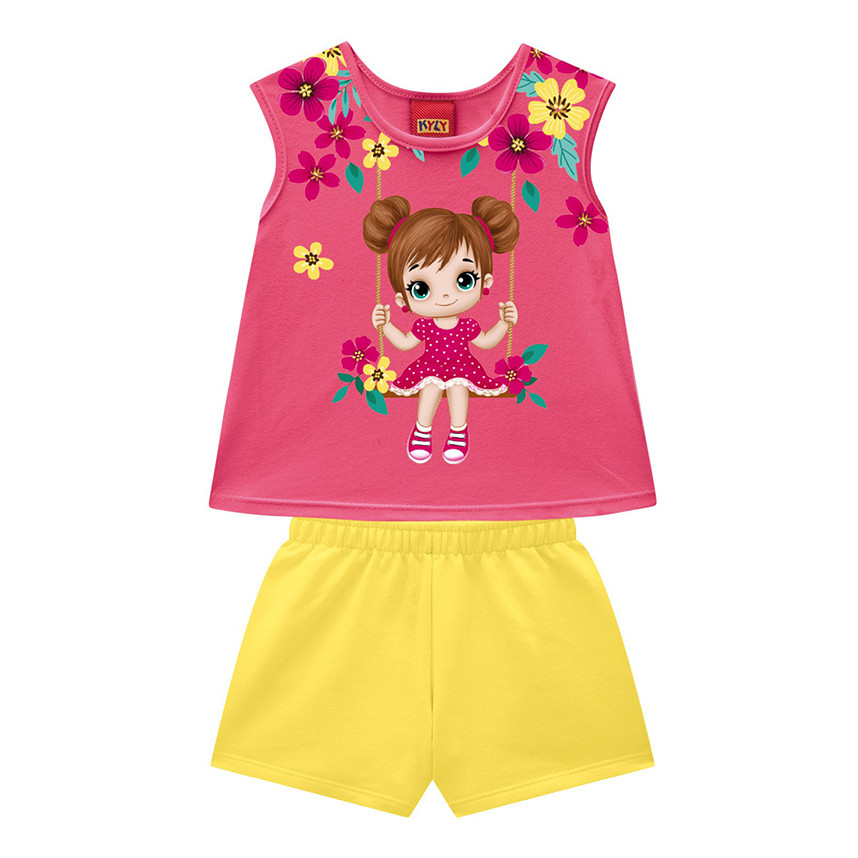 Conjunto Kyly Feminino Infantil Balanço Regata E Short Algodão - Look Menina Estampa Lúdica E Colorida