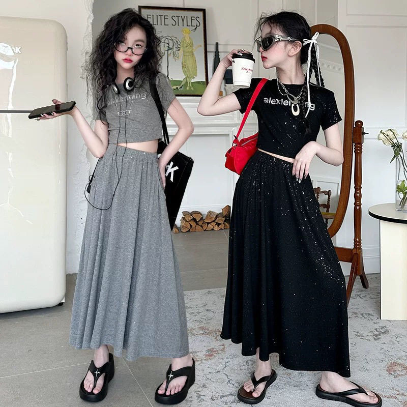 Conjunto De Vestido De Manga Curta Estampado Para Meninas Em Estoque Pronto Estilo Coreano , Camiseta E Saia Elegante ca