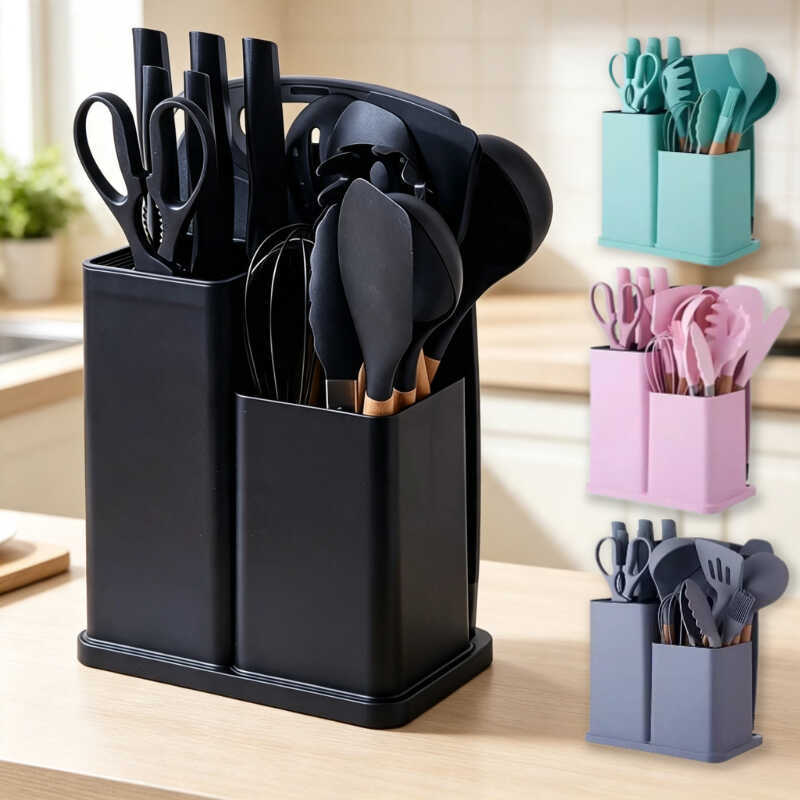 Kit Utensílios de Cozinha Silicone Cabo Madeira 12 ou 19 Peças com Organizador Multifuncional