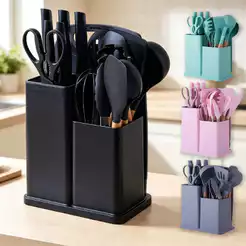 Kit Utensílios de Cozinha Silicone Cabo Madeira 12 ou 19 Peças com Organizador Multifuncional