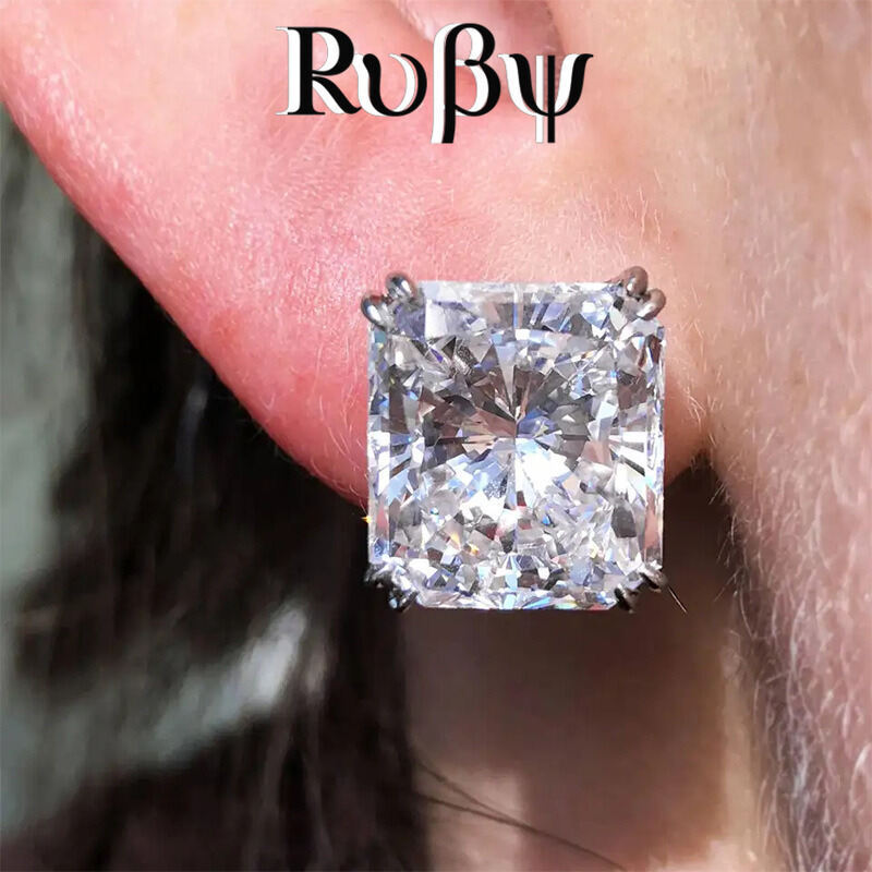 Ruby * Brincos clássicos europeus americanos princesa quadrado diamante brincos de quatro garras unissex brincos combina