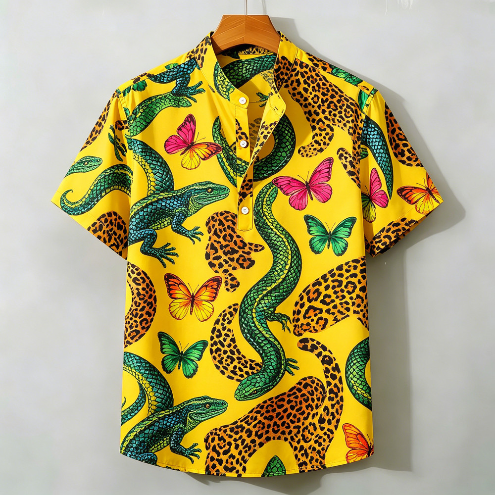 2026 Nova Camisa De Manga Curta Masculina Meia Carcela Henry Colarinho Respirável Lagarto Borboleta Impressão Rua Moda C
