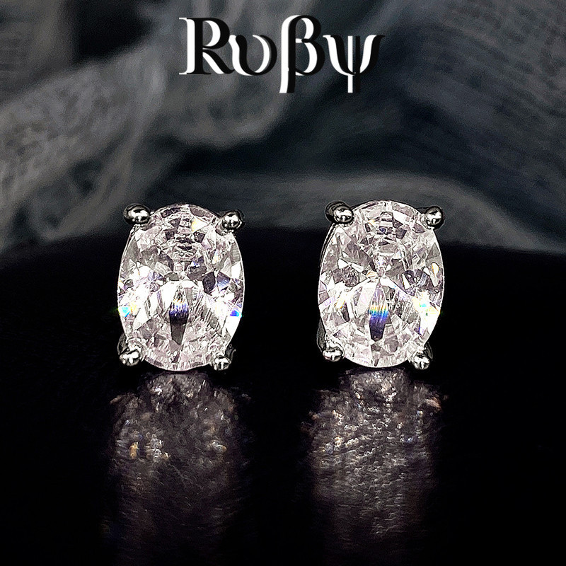 Ruby * Brincos Brilhantes de Quatro Garras Brincos de Diamante Único Moda Feminina Pequeno Estilo ins Brincos Ovais de Z
