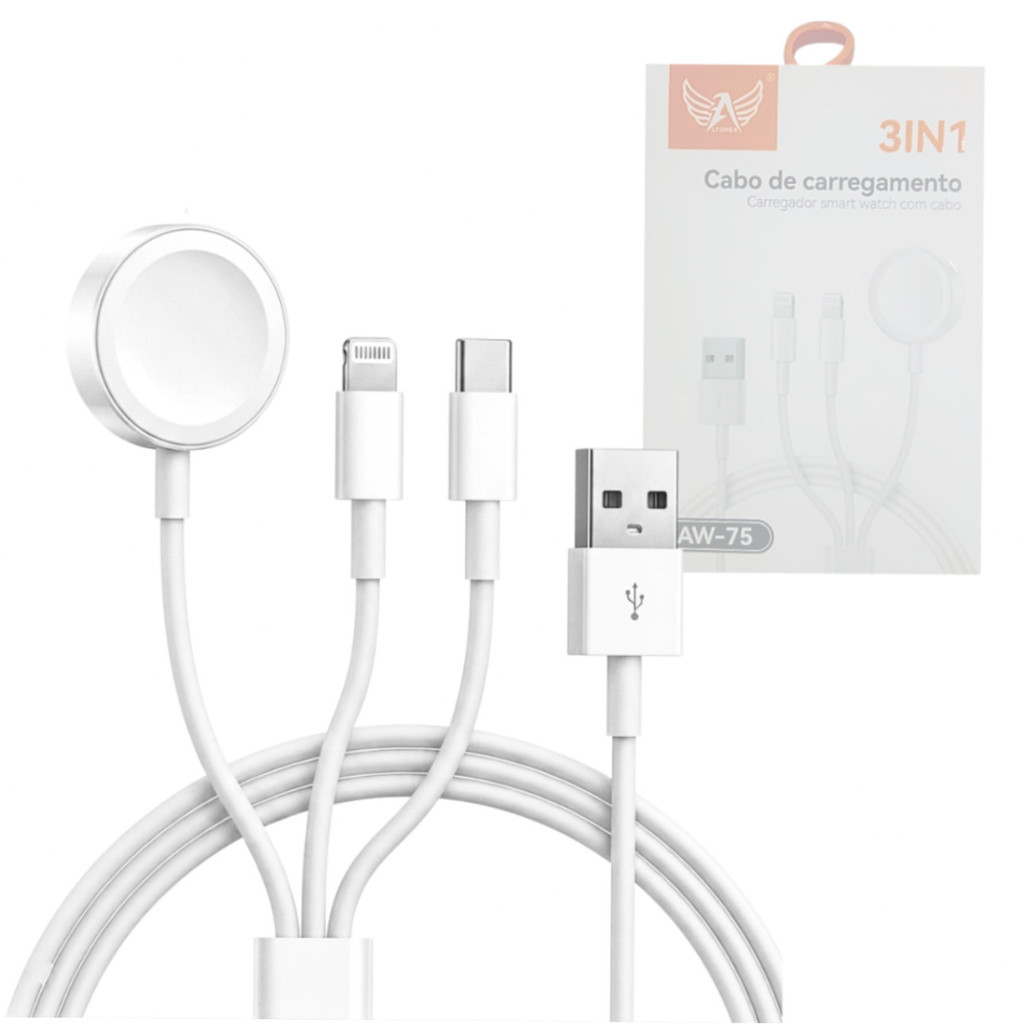 Cabo de Carregamento 3 em 1 Conexão Tipo-C, Lightning e Smart iWatch