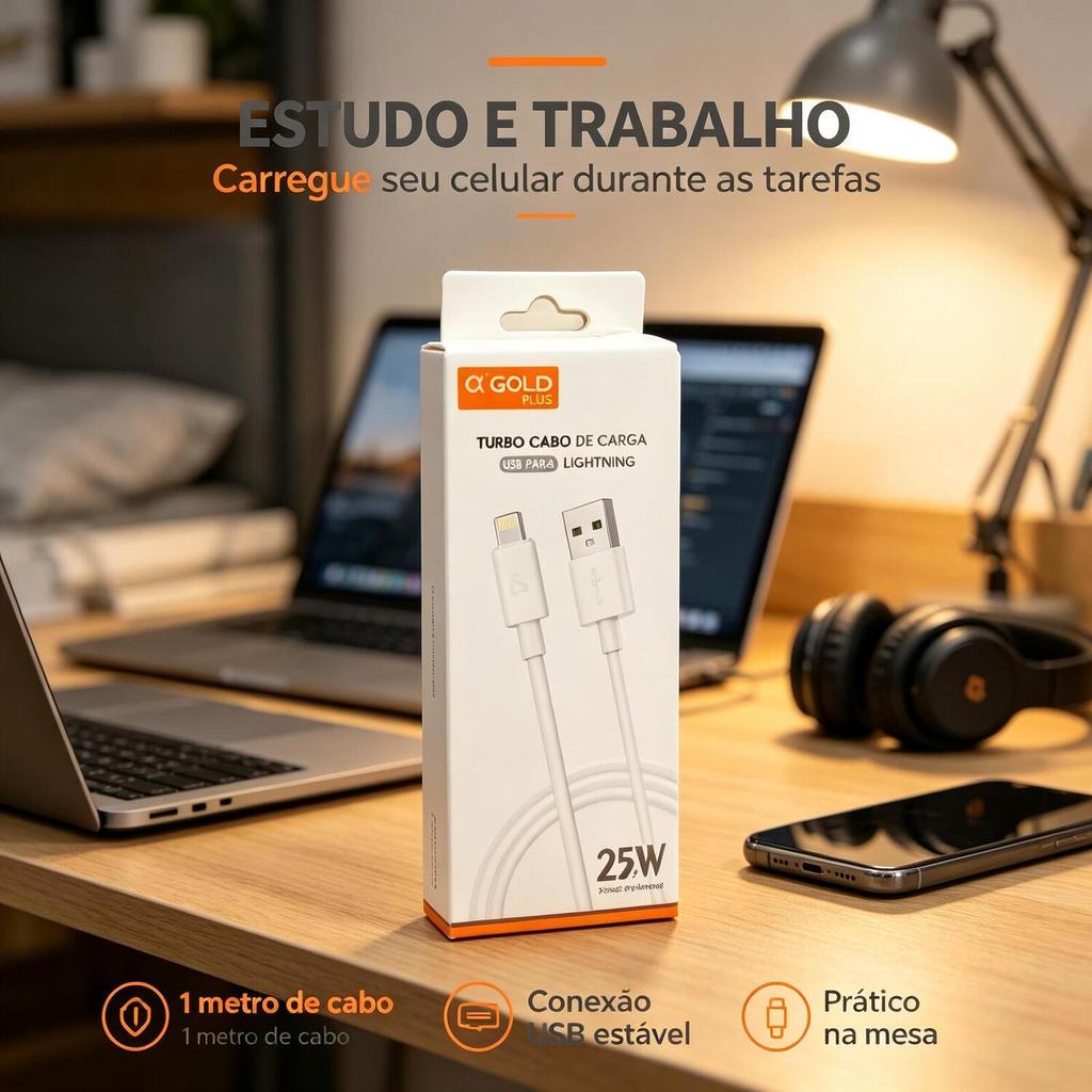 Cabo Carregador Lightning A'Gold 25W Turbo 1M, Carregamento Rápido Compatível com iPhone, Resistente e Durável