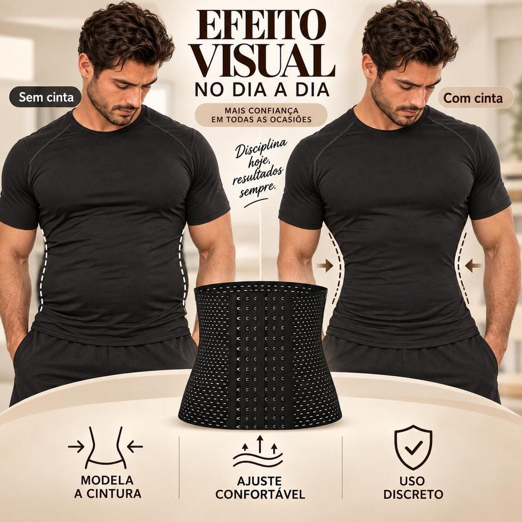 Cinta Modeladora Masculina 6 Fileiras de Ajuste Compressão Abdominal Respirável Preta Bege PP ao GG