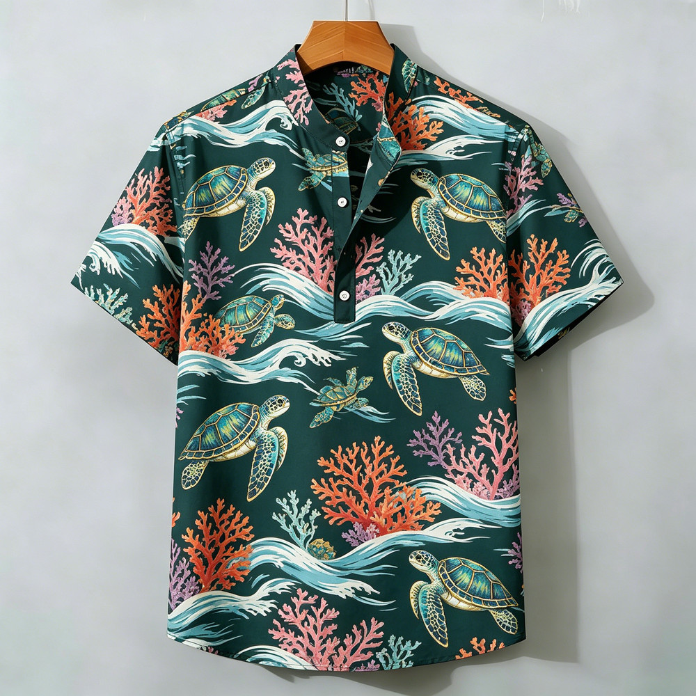 2026 Nova Camisa De Manga Curta Masculina Meia Carcela Henry Colarinho Respirável Colorido Onda Peixe Impressão Rua Moda