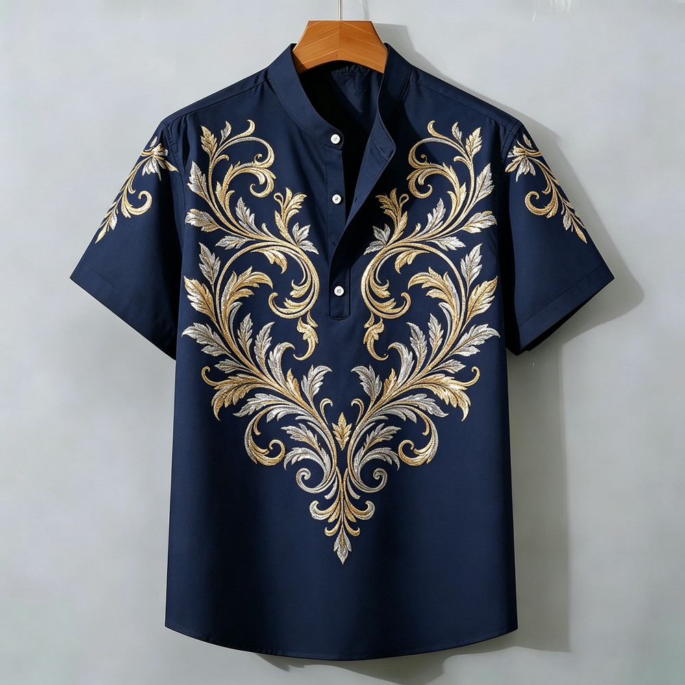 2026 Nova Camisa De Manga Curta Masculina Meia Carcela Henry Colarinho Respirável Ouro Videira Impressão Rua Moda Casual