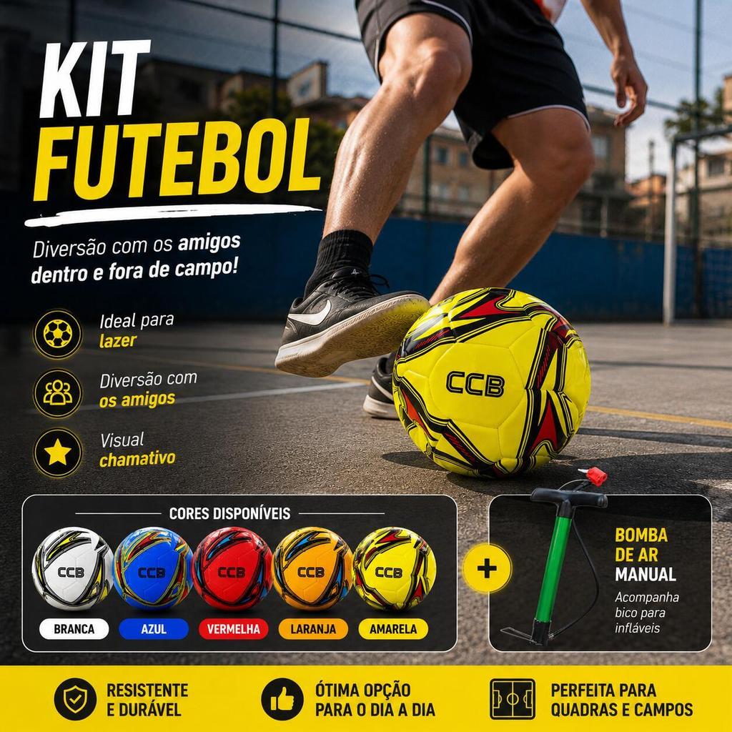 Kit Futebol CCB + Bomba de Ar Manual Verde – 5 Cores para Esporte, Treino e Lazer em Qualquer Lugar