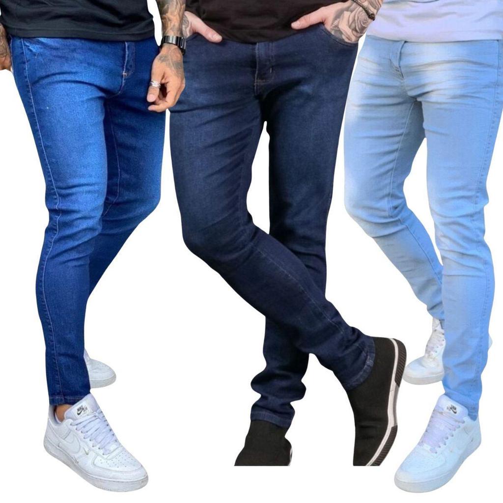 Kit 3 Calças Jeans Masculina Premium Skinny Corte tradicional Basico com Lycra Lavagem Clara Escura ou Preta premium