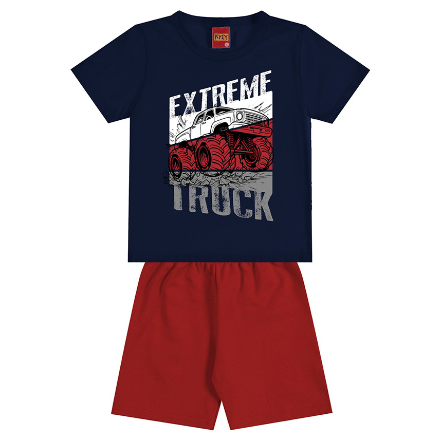 Conjunto Infantil Menino Kyly Monster Truck 100% Algodão Camiseta Bermuda Infantil Conjunto Masculino Verão
