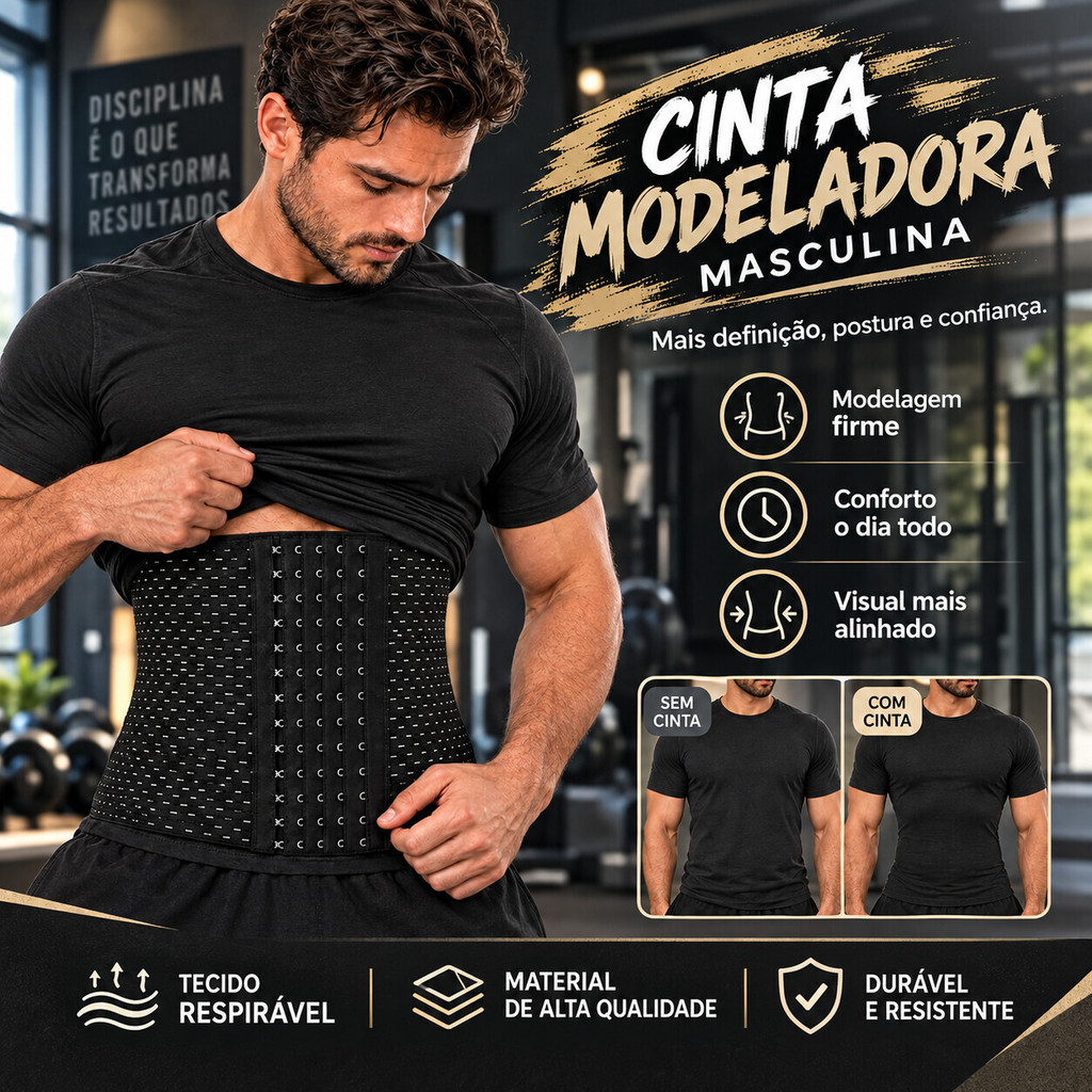 Cinta Modeladora Masculina com 6 Fileiras – Compressão Abdominal Respirável, Preta e Bege, PP ao GG