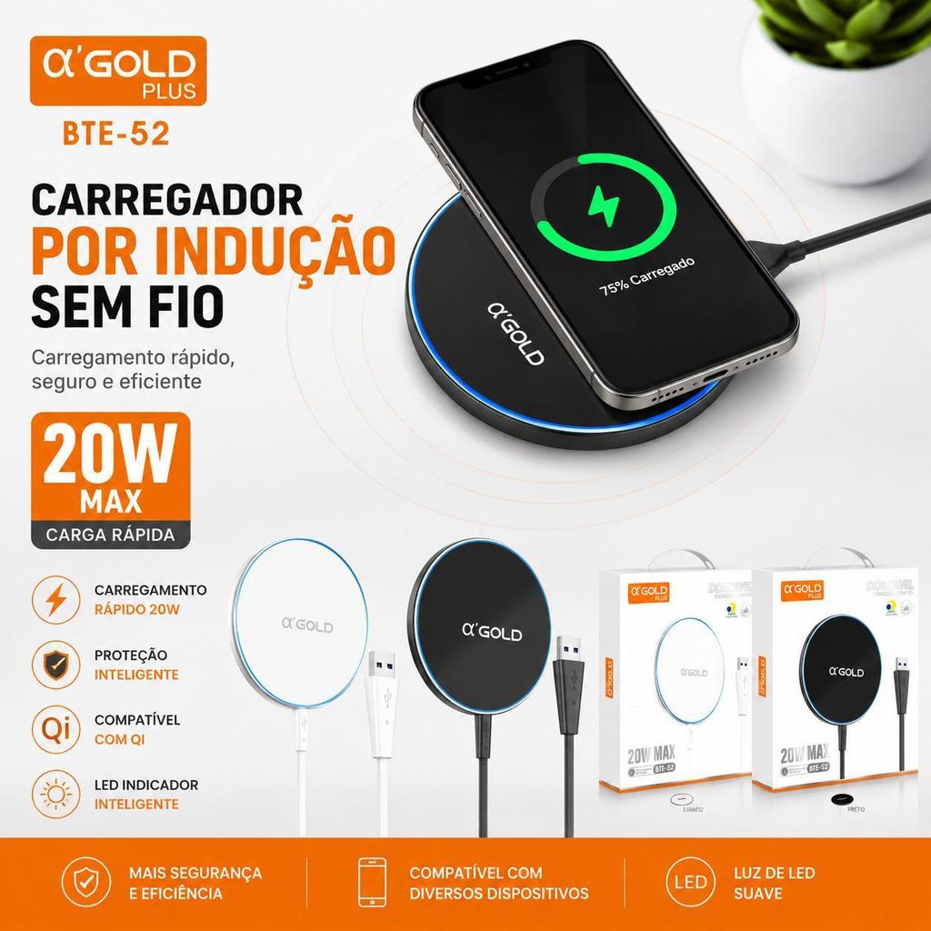 Carregador Wireless Magnético A'Gold 20W BTE-52 Carregamento Sem Fio Magnético Compatível com iPhone e Android