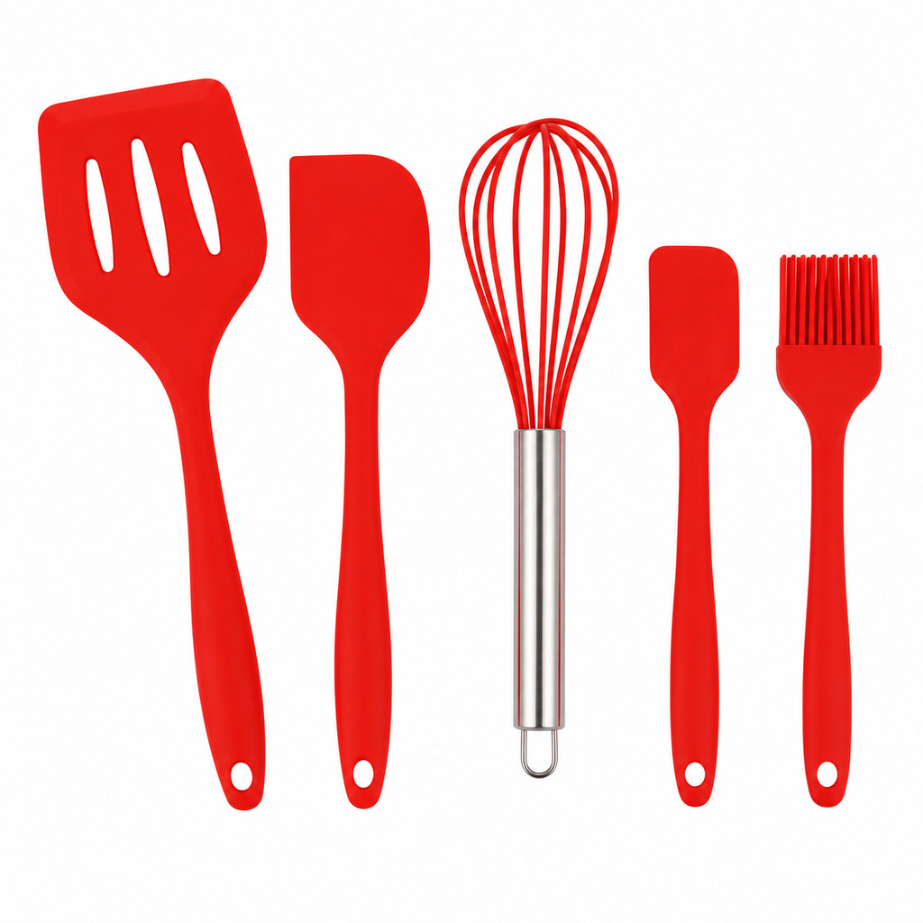 Kit 5 Utensílios de Silicone para Cozinha Antiaderente Espátulas Pincel Fouet Premium -  VERMELHO