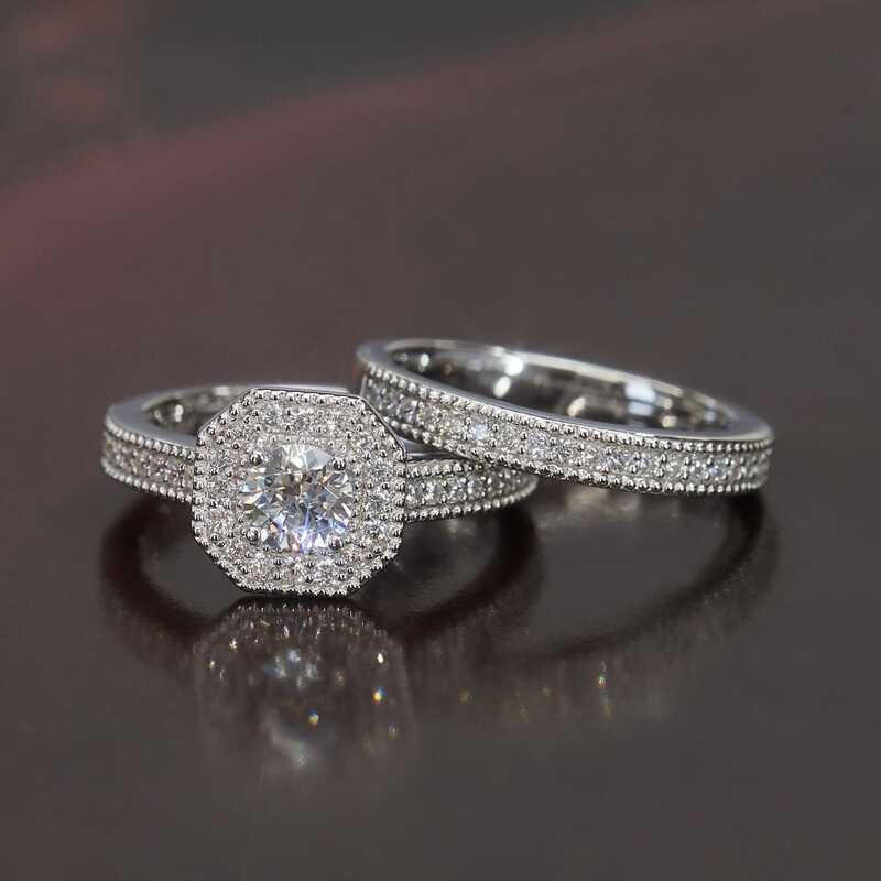 Anel de diamante completo casal princesa redondo anel de diamante moda luxo anel de noivado feminino fornecimento direto