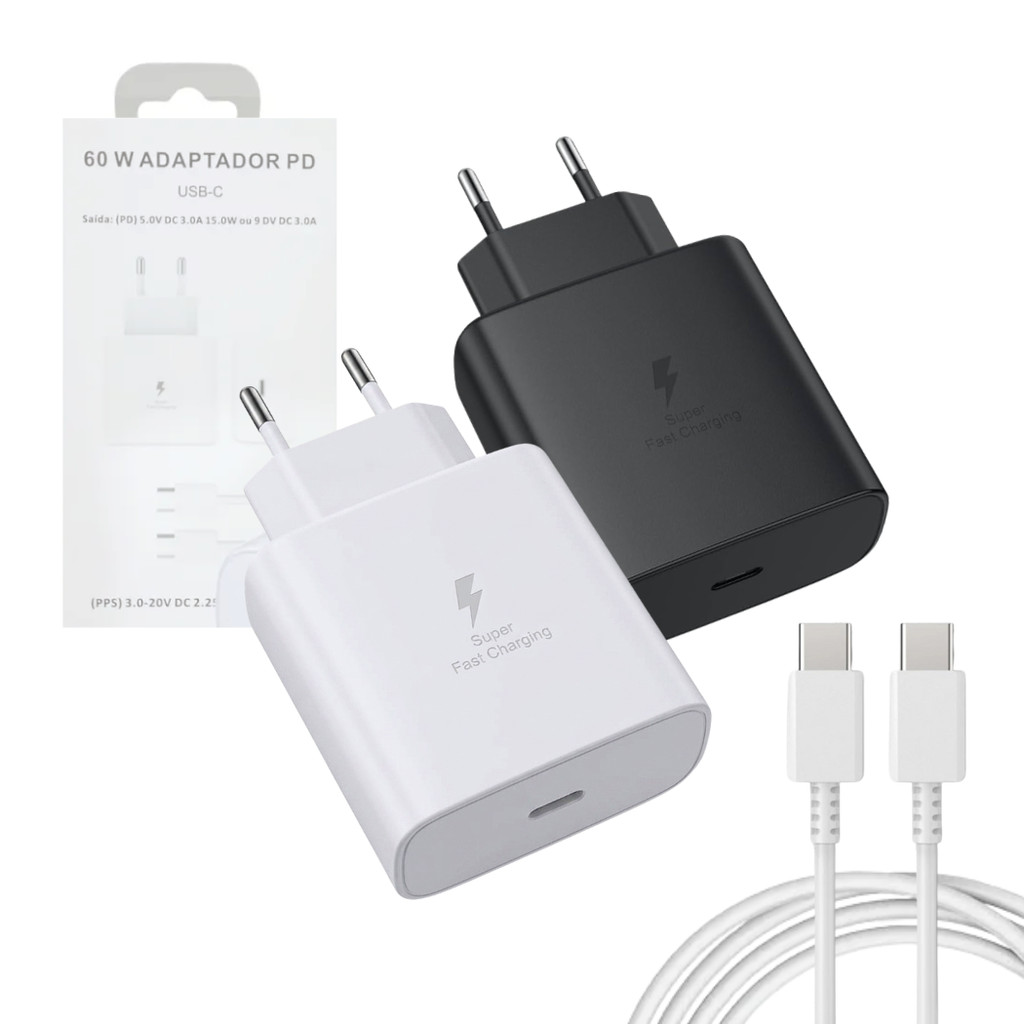 Carregador Completo 60W Super-Rápido USB TIPO-C com Cabo Móvel TIPO-C Compatível Samsung Galaxy