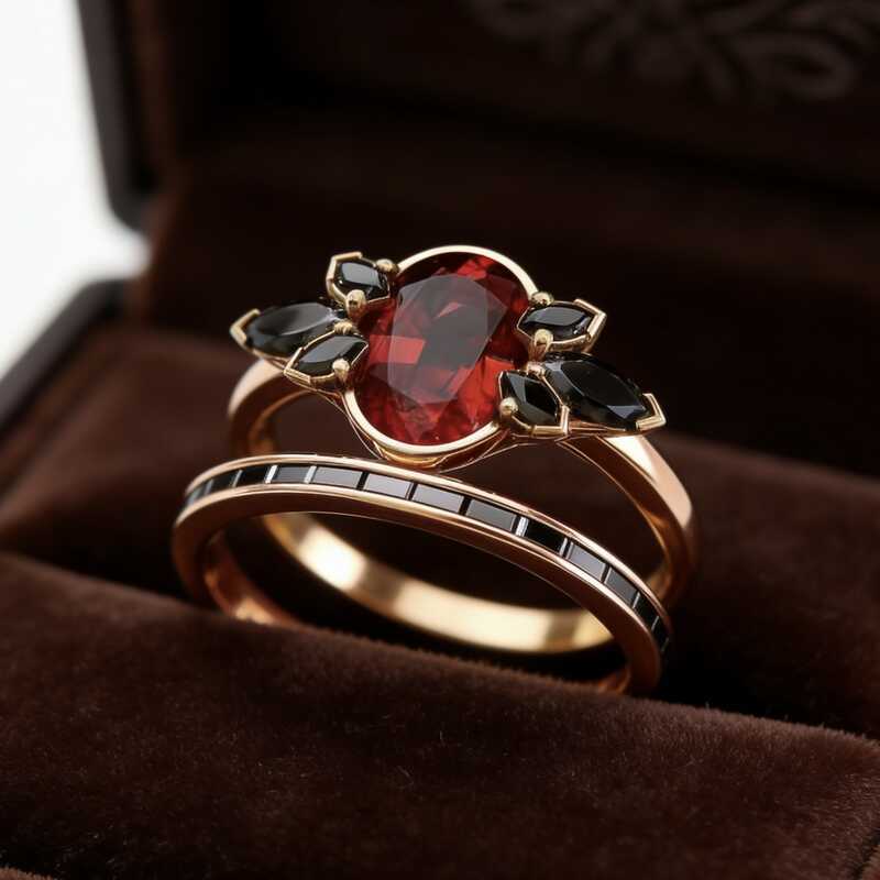 Lindo anel 2026 preto diamante par anel feminino noivado rosa ouro vermelho diamante conjunto anel cauda presente