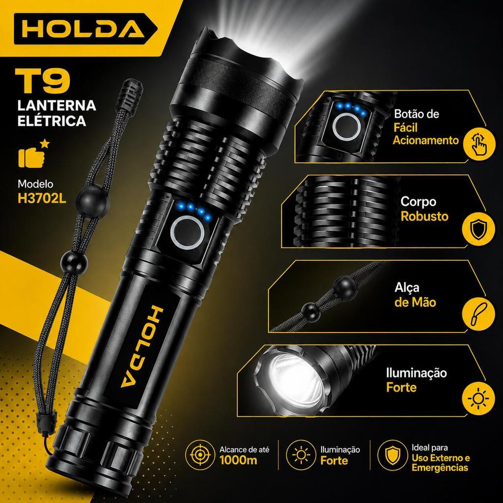 Lanterna T9 HOLDA H3702L Tática Longo Alcance 1000m Luz Forte Camping Emergência Segurança Sítio Fazenda