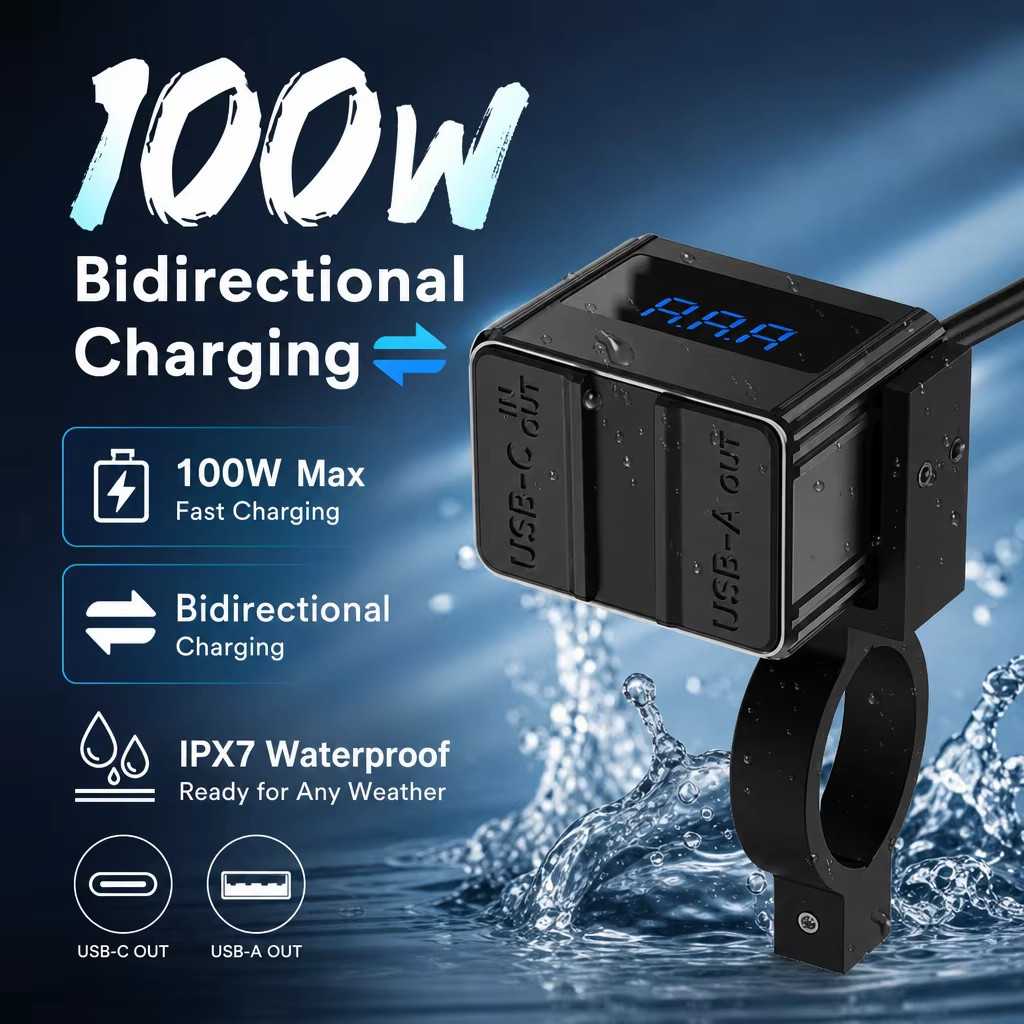 (Novo Produto) Carregador Rápido Para Motocicleta 100W Com Display Digital Tipo C Usb-A Bidirecional Portas Duplas Soque