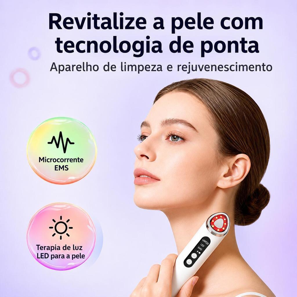 Massageador Facial Rejuvenescedor com LED, Vibração e Compressa Quente