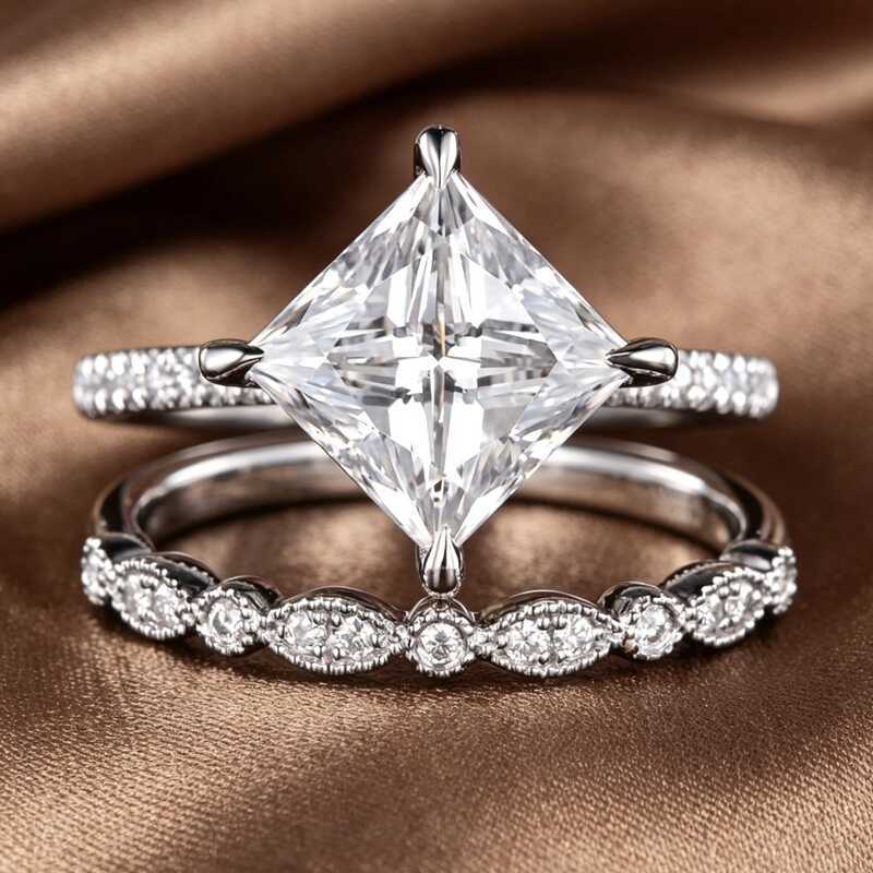 Lindo anel novo produto senhoras anel de diamante simples quadrado diamante casal anel presente