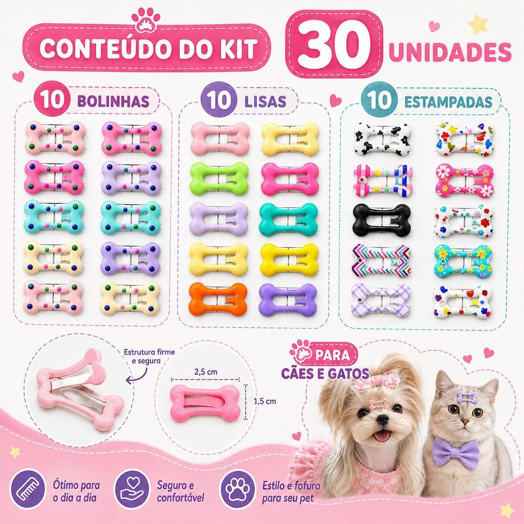 Kit 30 Presilhas Pet 2,5cm 3 Estilos Sortidos Prendedor de Pelo para Cães e Gatos Banho e Tosa Penteado